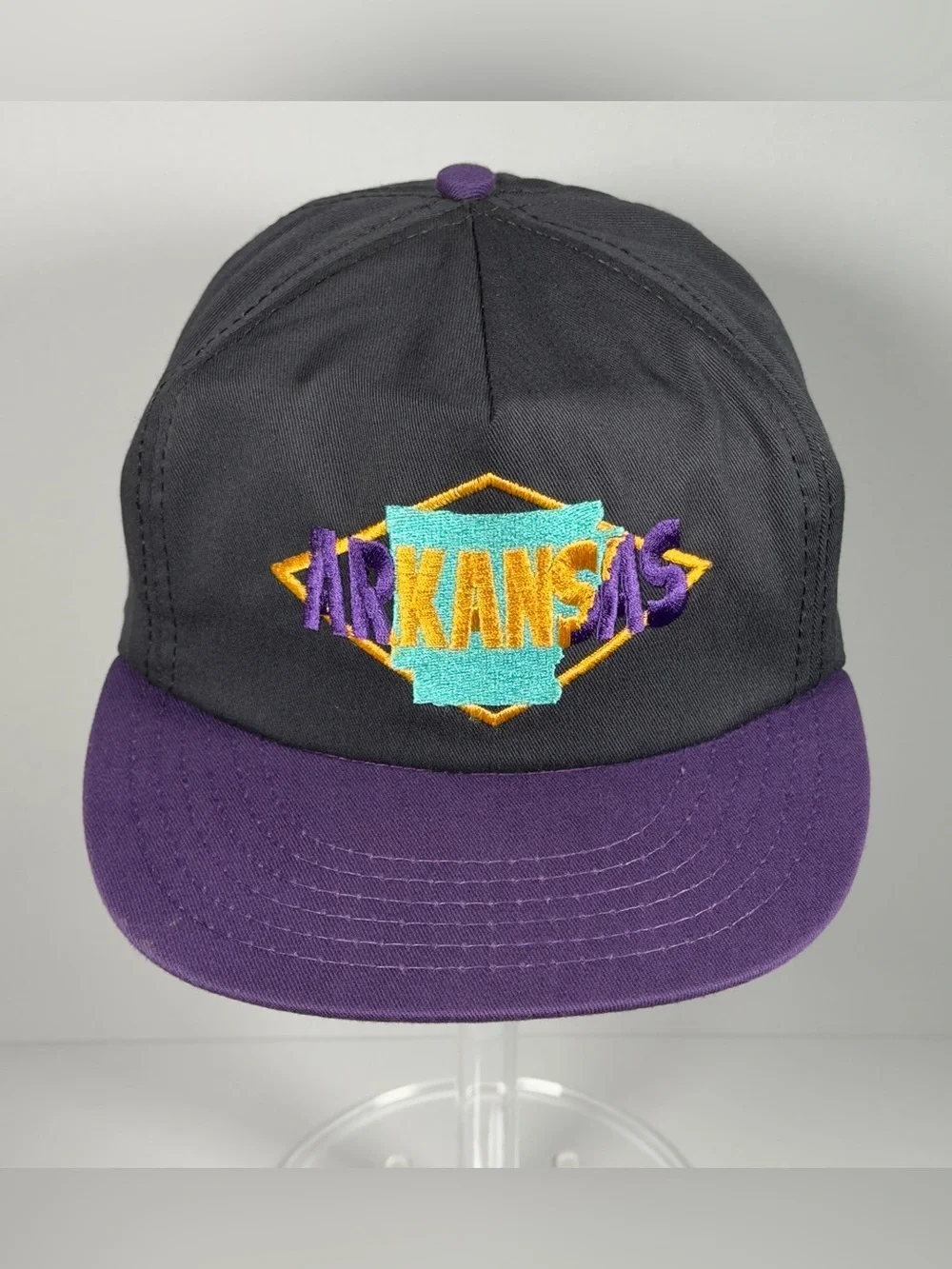 Vintage 90s Arkansas State Snapback Hat Cap Made in USA Black Purple Union Made